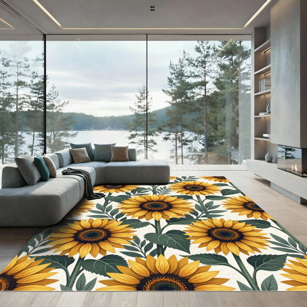 Sunlit Yellow Sunflower Botanical Illustration Rug