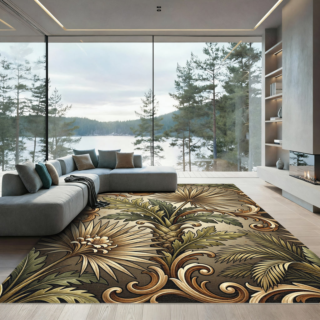 Ornate Tropical Palm Leaf Scroll Rug
