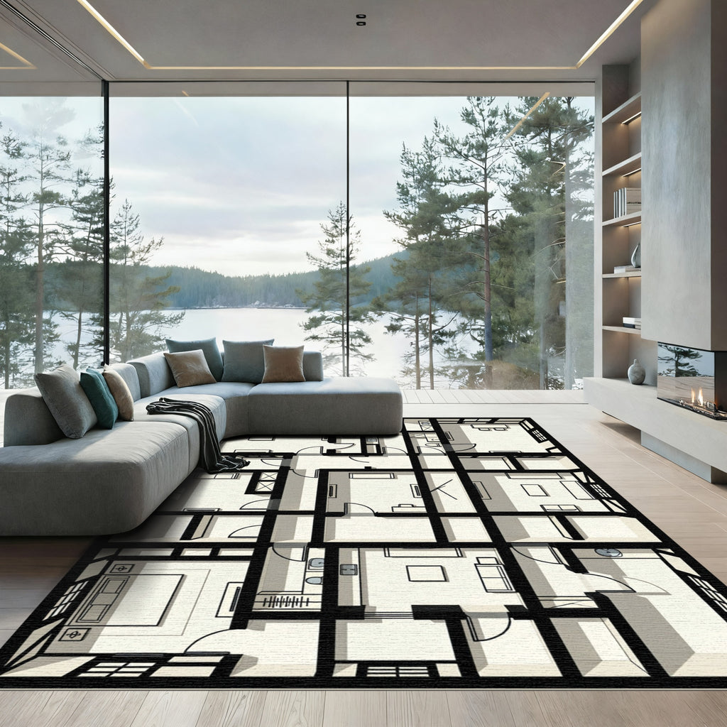 Monochromatic Modern Geometric Grid Rug