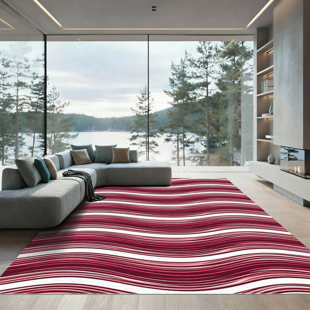 Crimson Wavy Linear Abstract Stripes Rug