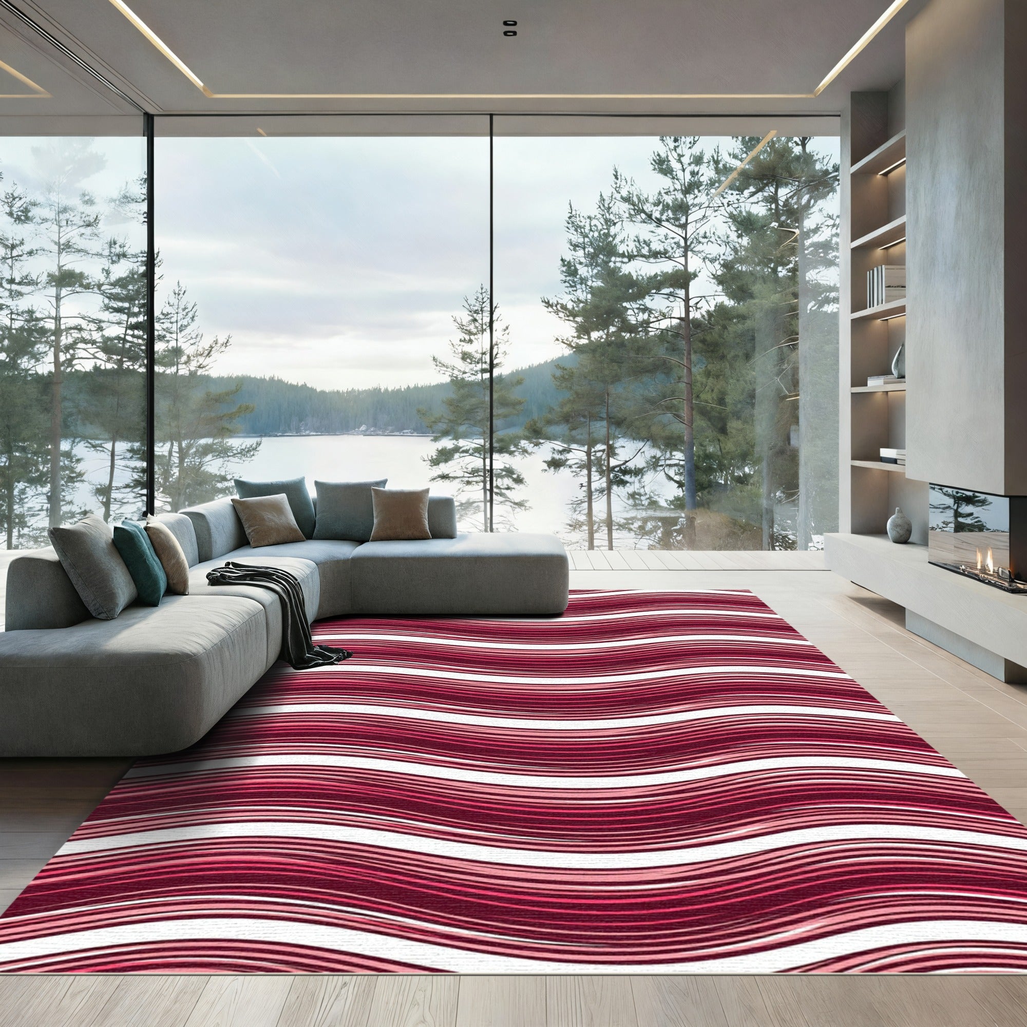Crimson Wavy Linear Abstract Stripes Rug