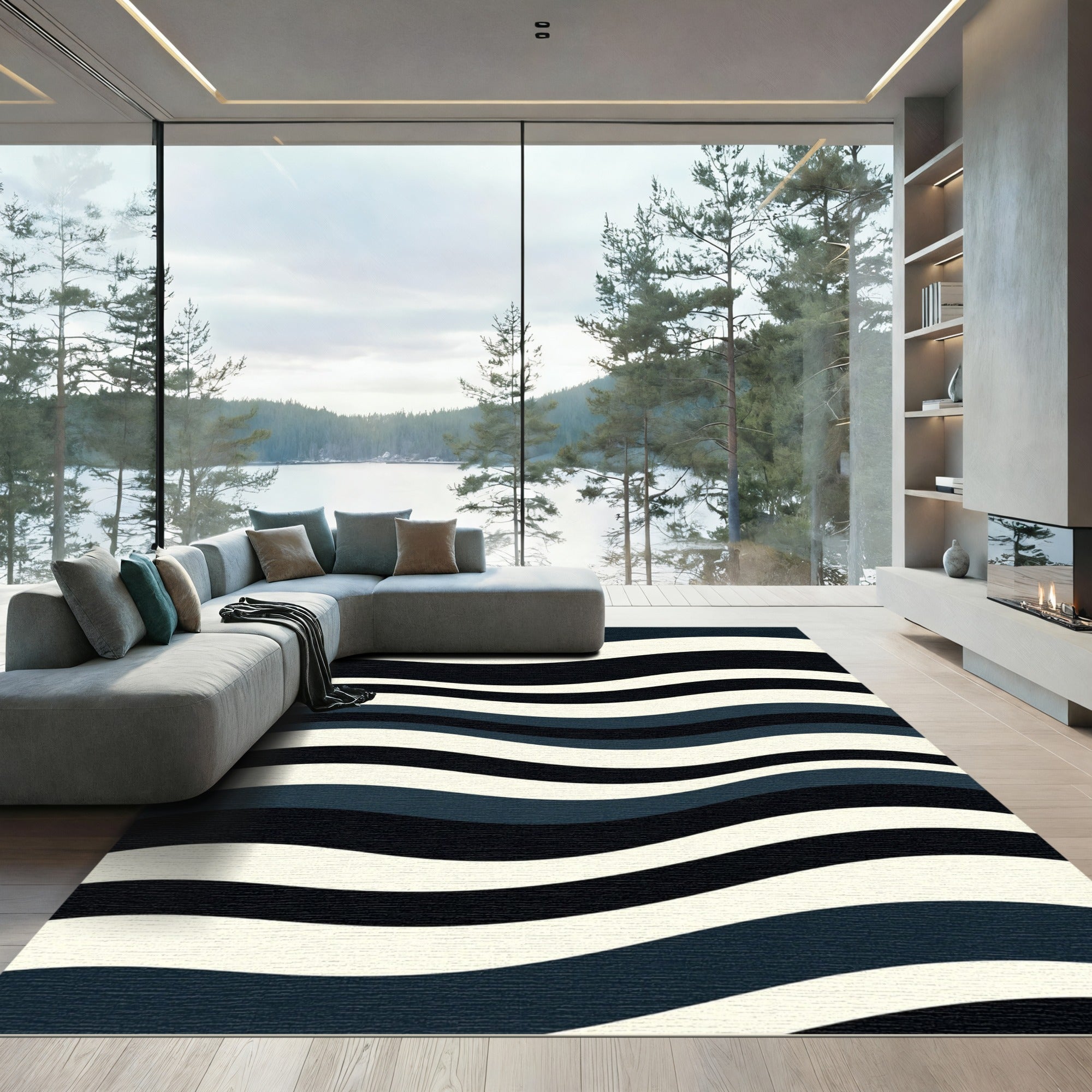 Dark Blue Ivory Wavy Stripes Rug