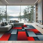 Striking Red Gray Geometric Blocks Rug