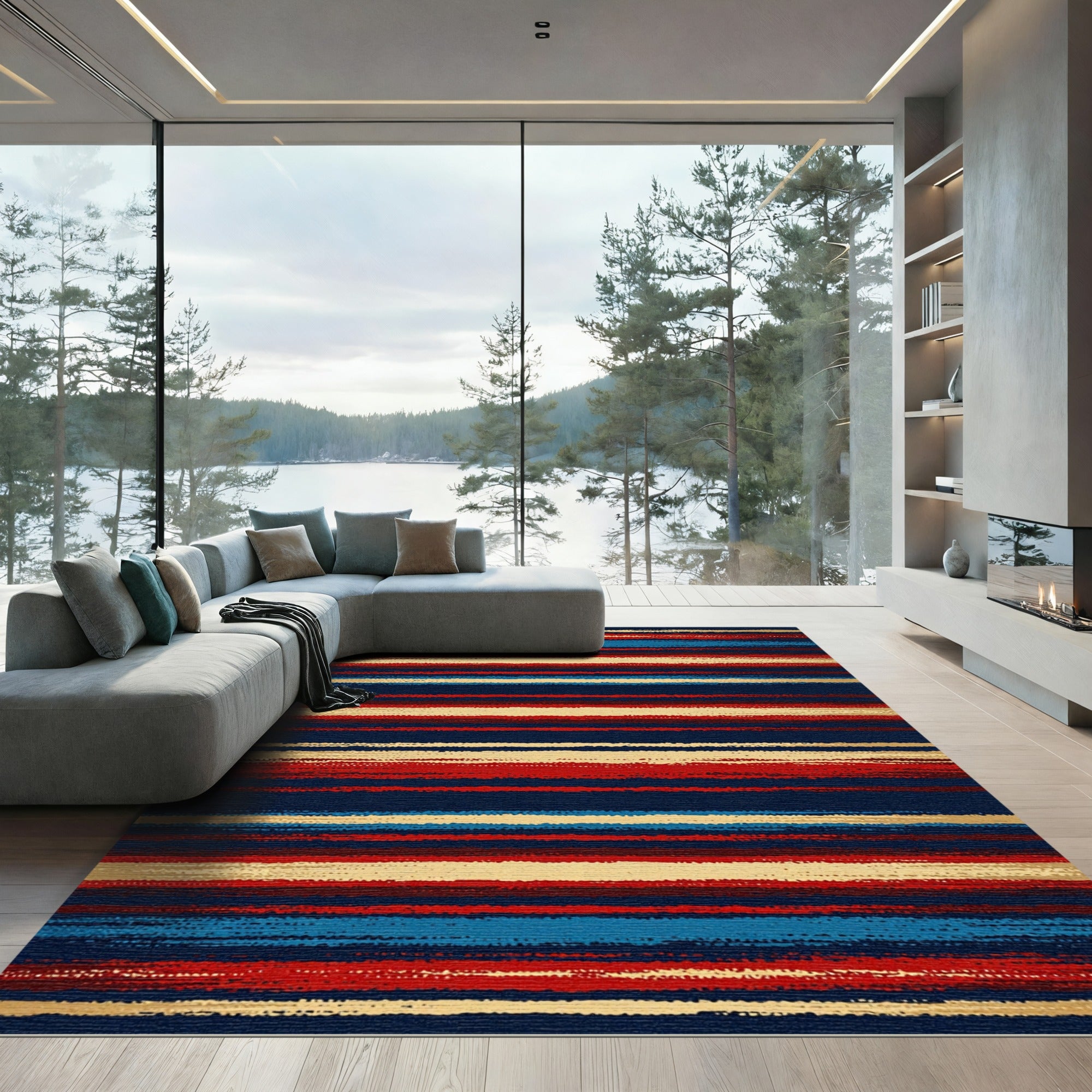 Bold Red Blue and Golden Stripes Rug