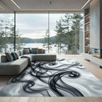 Minimalist Monochrome Black Swirl Flow Rug