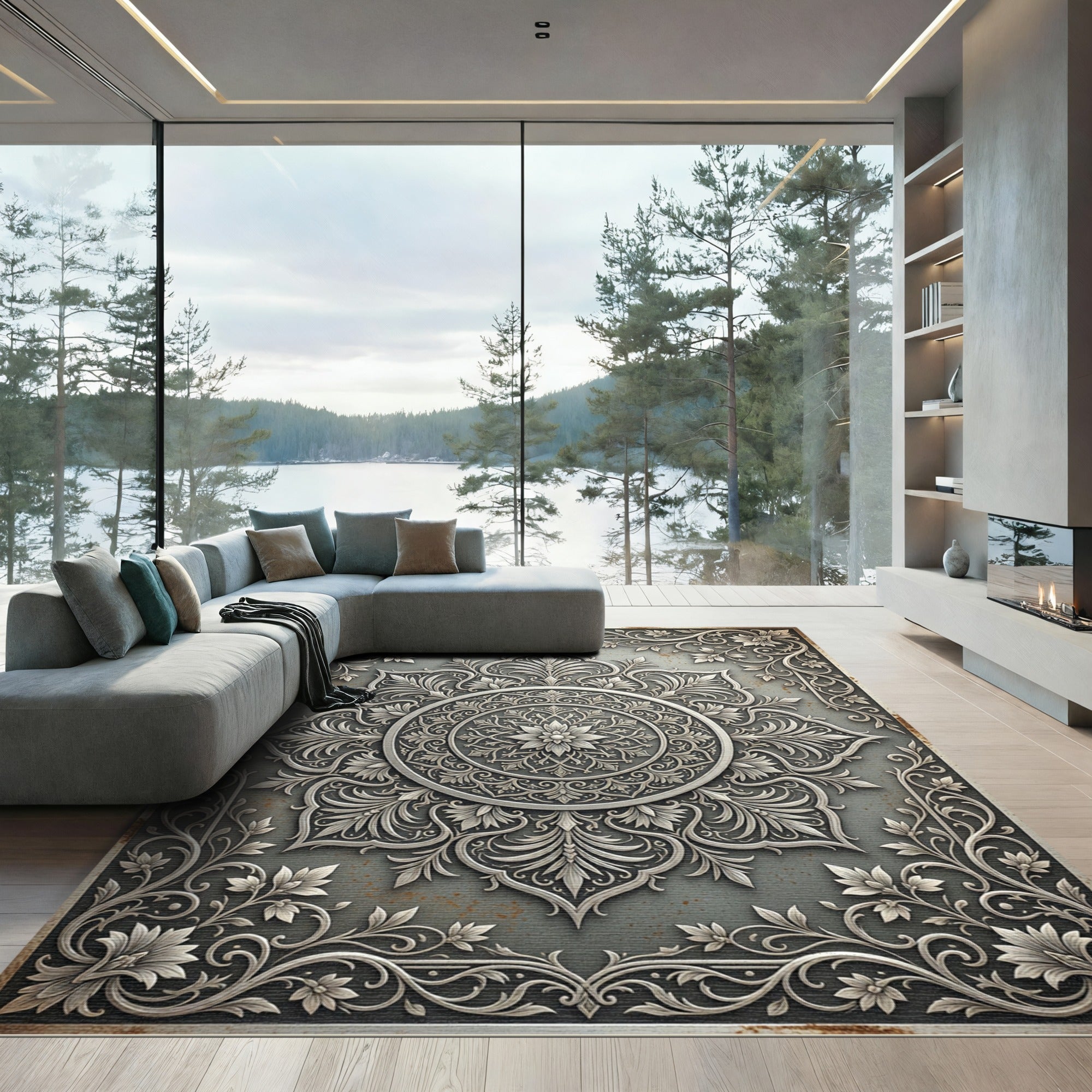 Elegant Silver Ornate Floral Medallion Rug
