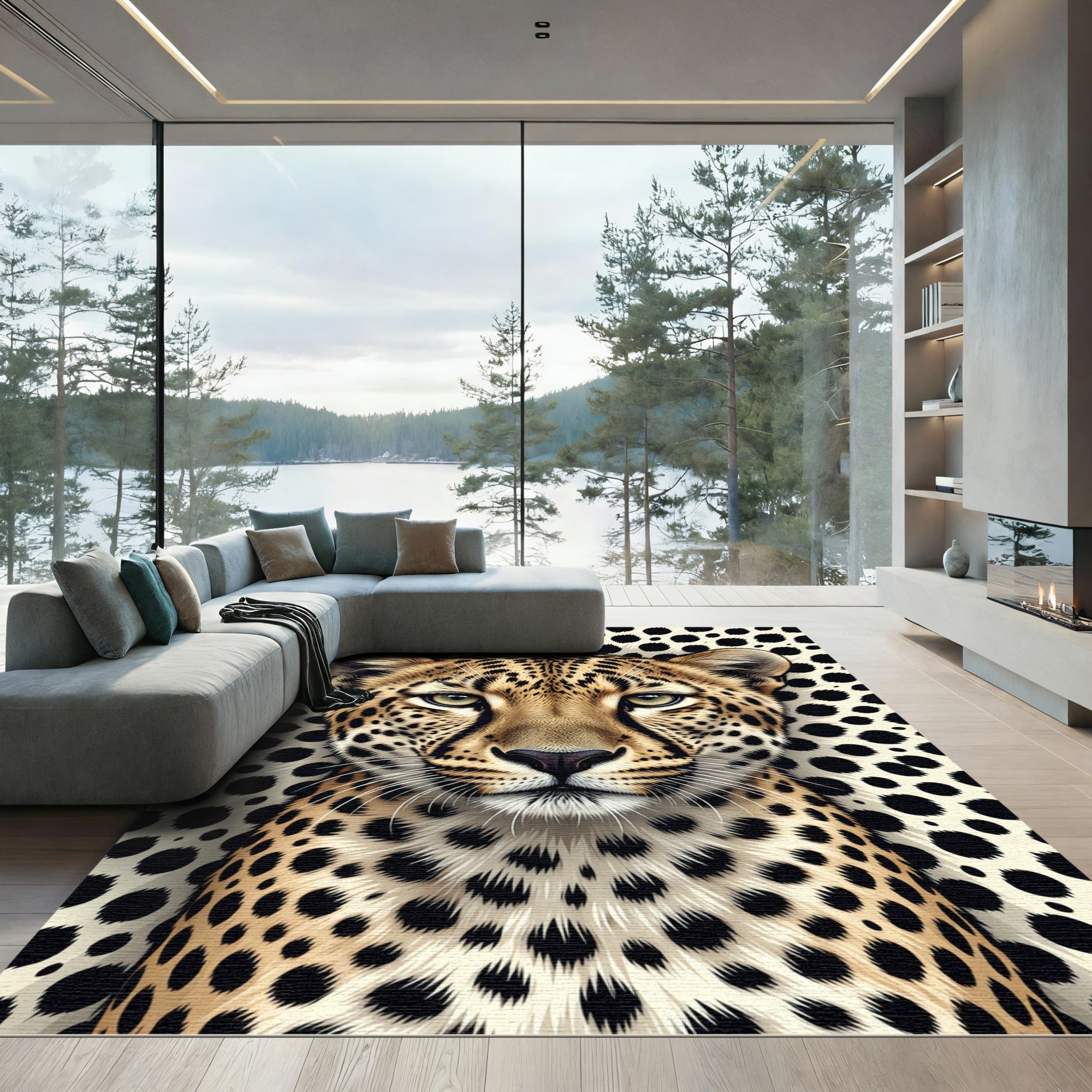 Stunning Leopard Face Golden Animal Art Rug