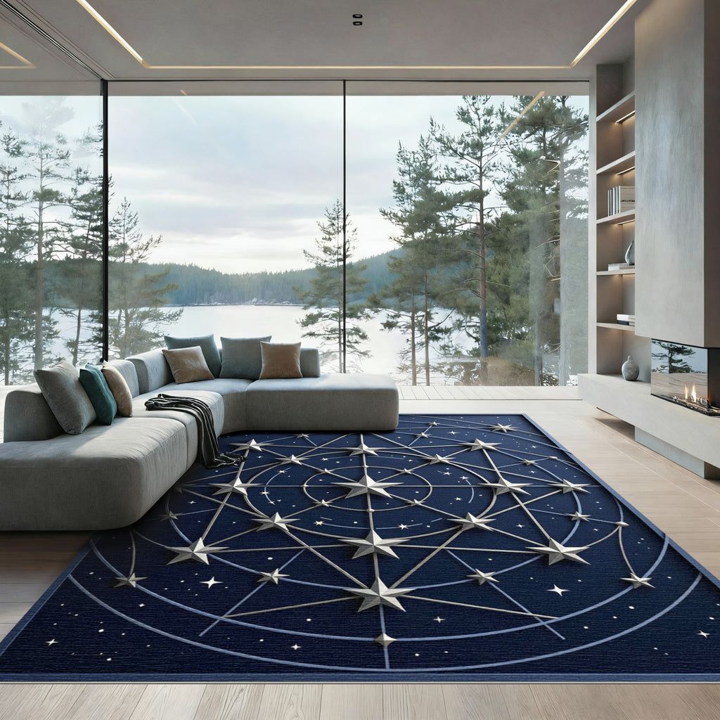Celestial Midnight Blue Astral Geometric Rug