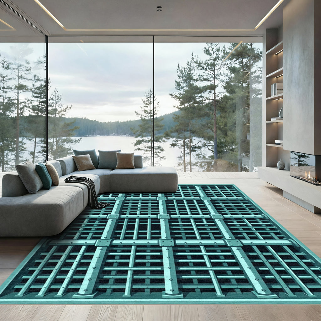 Teal Grid Bars Rug