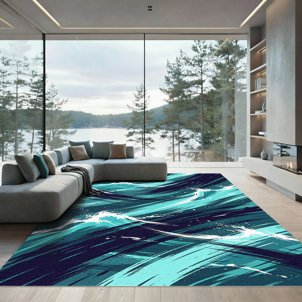 Aqua Deep Blue Brushstroke Wave Rug