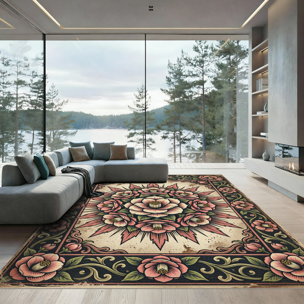 Vintage Pink Floral Camellia Medallion Rug
