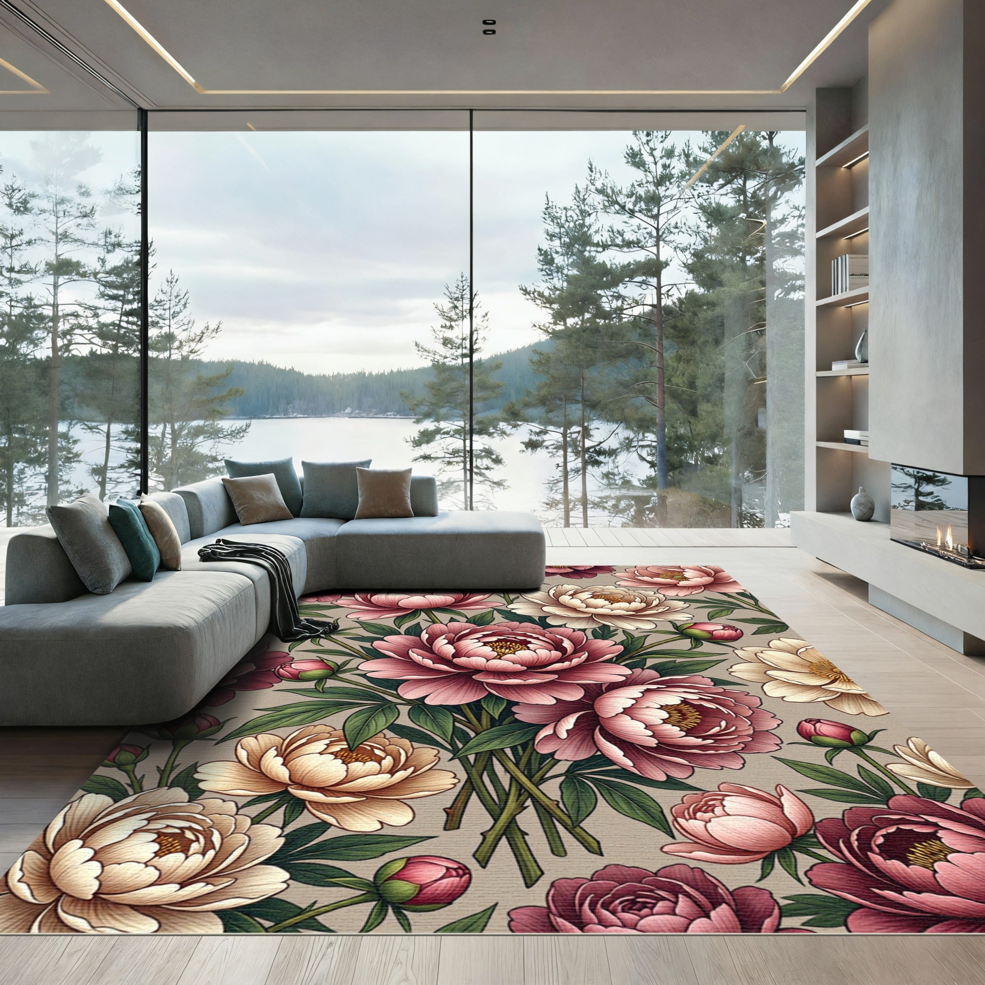 Vintage Pink Cream Peony Blossom Repeat Rug
