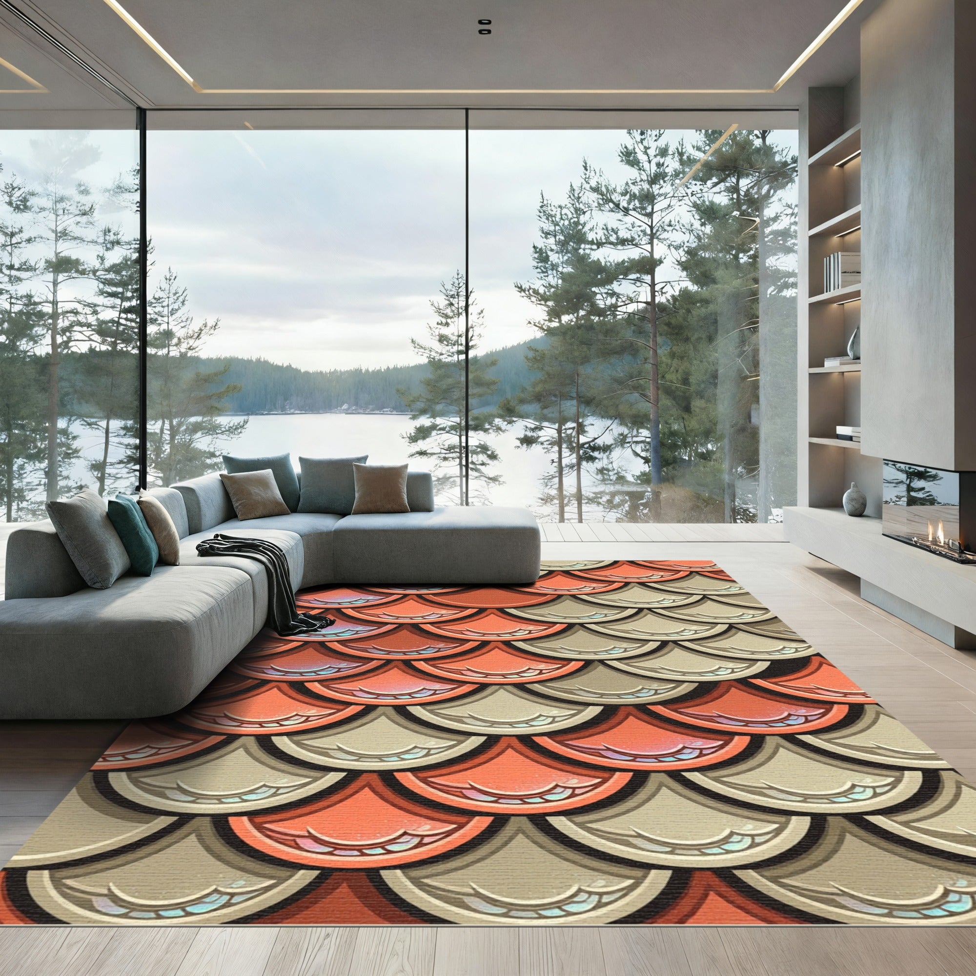 Terracotta and Sand Layered Scallop Scale Rug