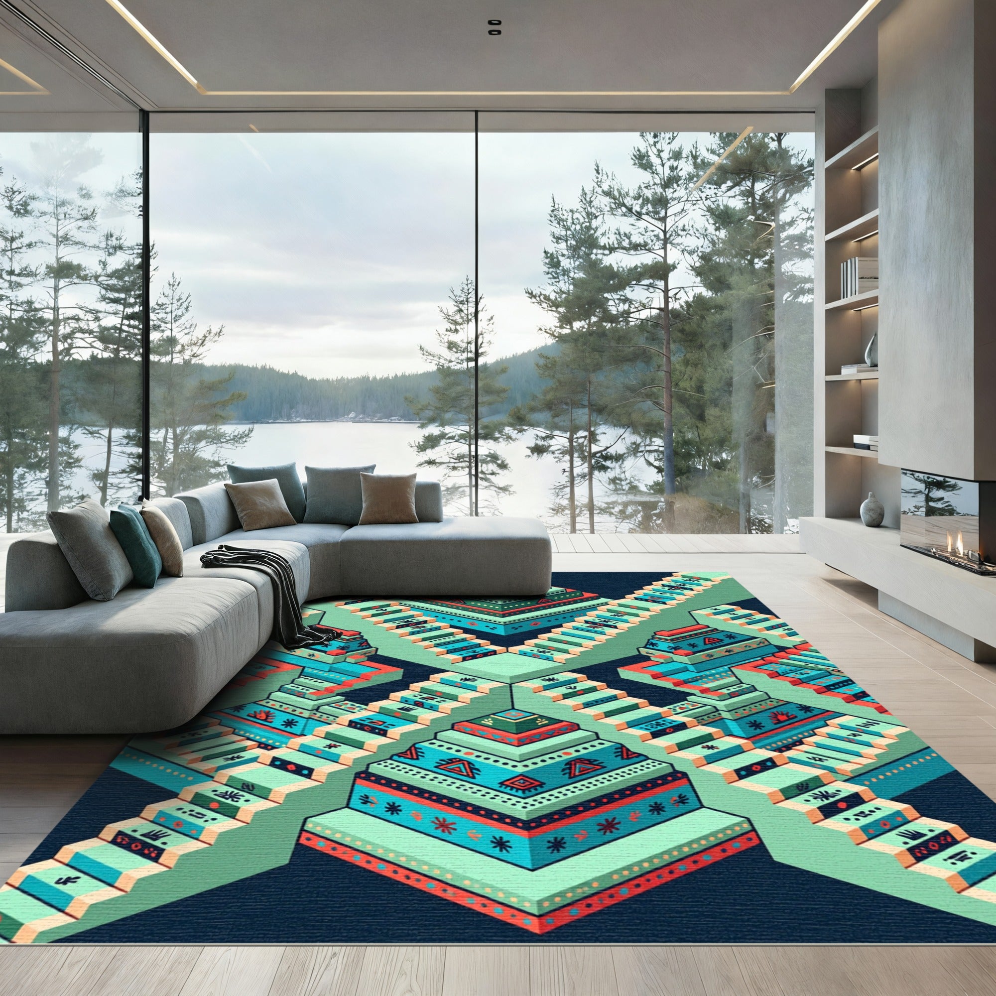 Geometric Terracotta Turquoise Staircase Rug