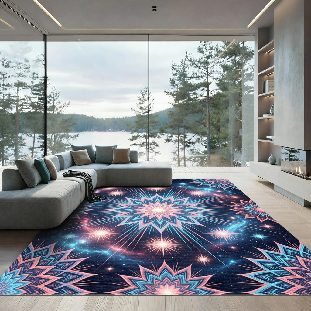 Cosmic Neon Floral Celestial Starry Mandala Rug