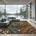Ornate Floral Medallion Teal Orange Rug
