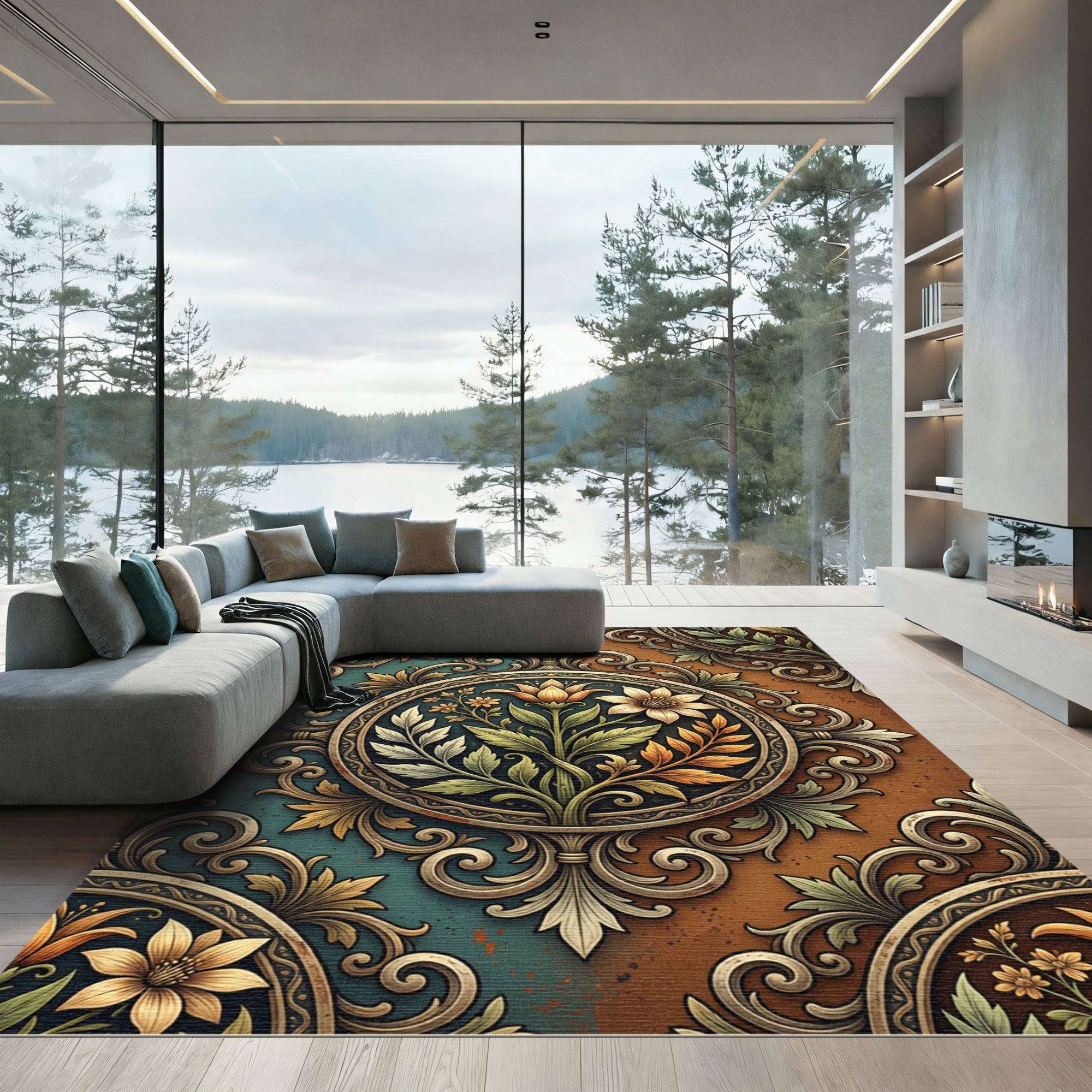 Ornate Floral Medallion Teal Orange Rug