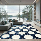 Deep Blue Layered Hexagon Geometric Rug
