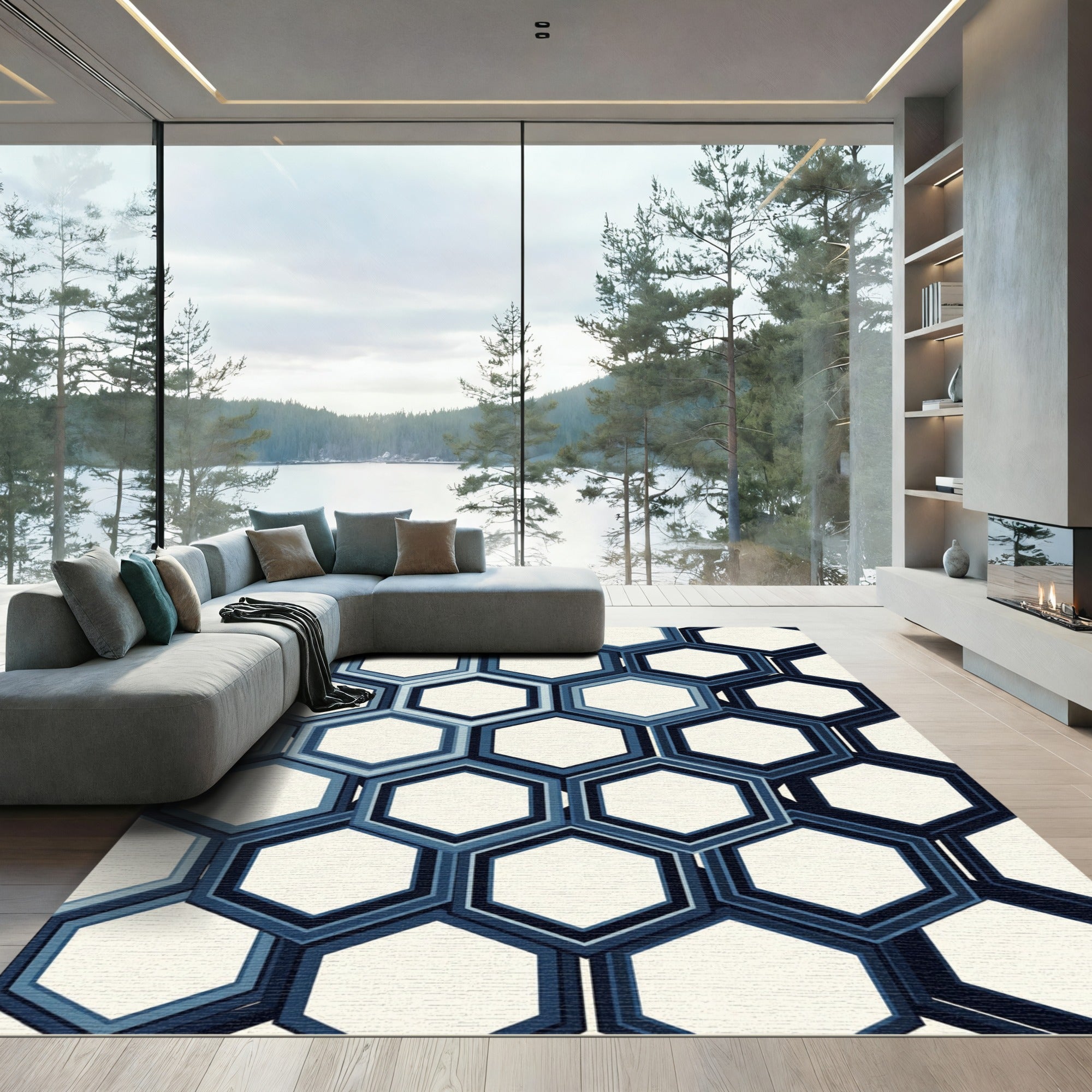 Deep Blue Layered Hexagon Geometric Rug