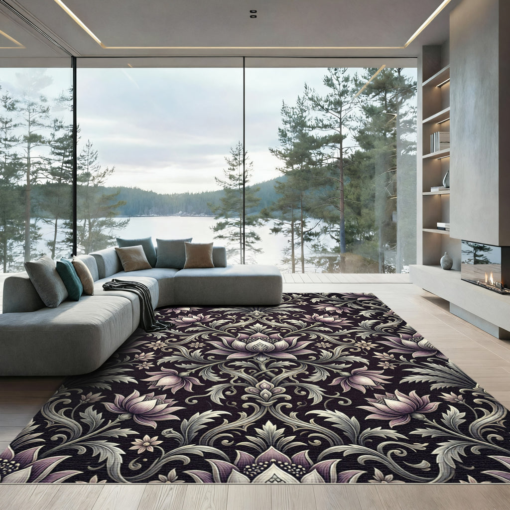 Elegant Plum Floral Damask Rug
