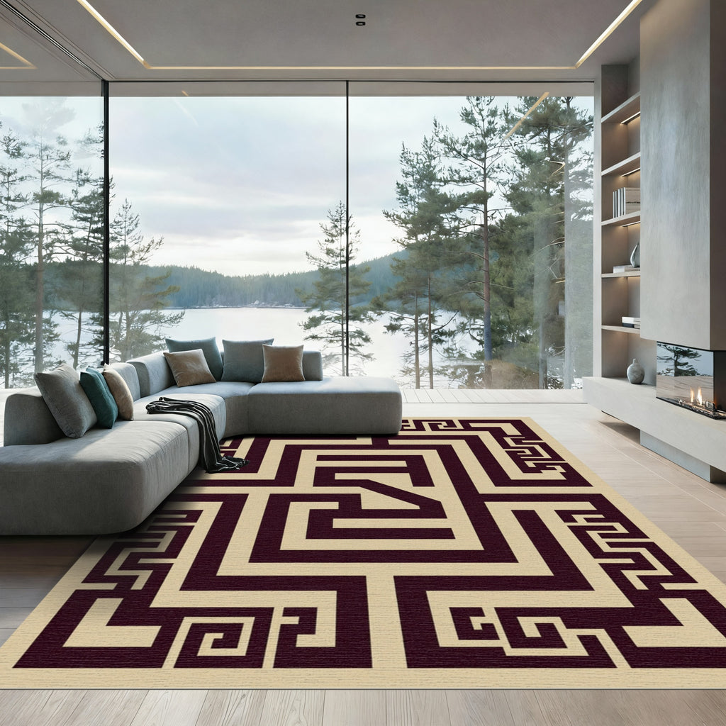 Beige Dark Bronze Geometric Labyrinth Rug
