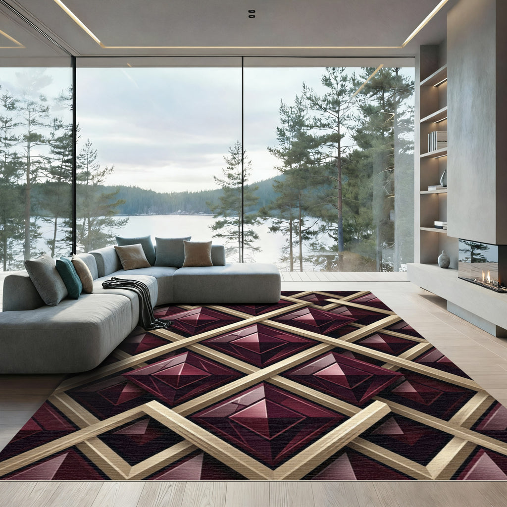 Deep Burgundy Geometric Art Deco Grid Rug