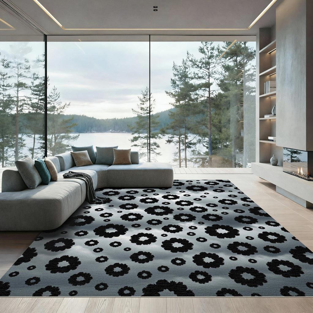 Cloudy Gray Scattered Floral Bloom Rug