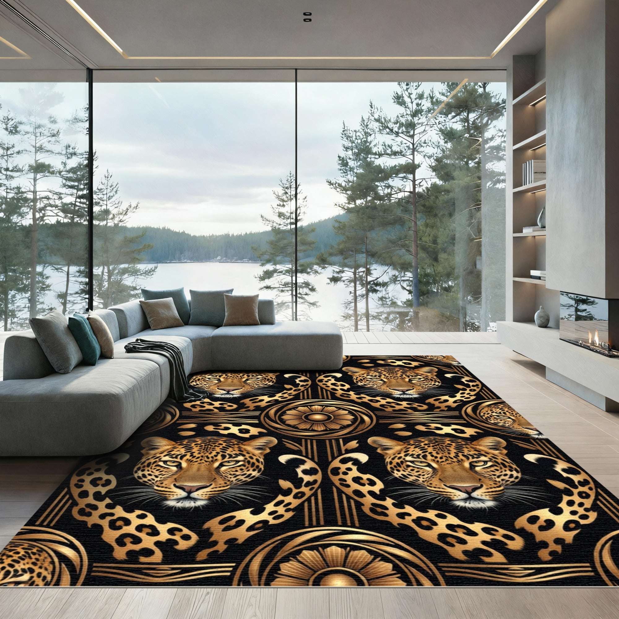Luxury Gold Black Leopard Animal Art Rug