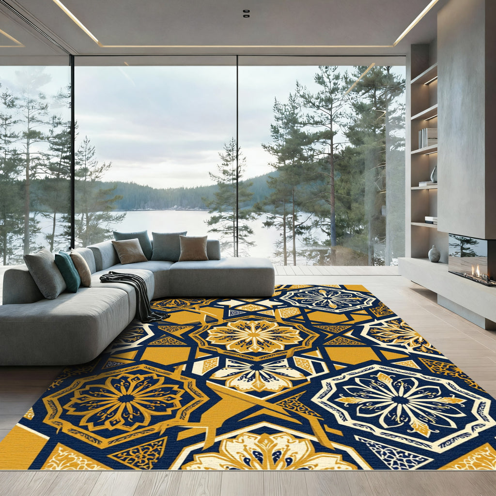 Geometric Navy and Golden Floral Medallion Rug