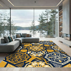 Geometric Navy and Golden Floral Medallion Rug
