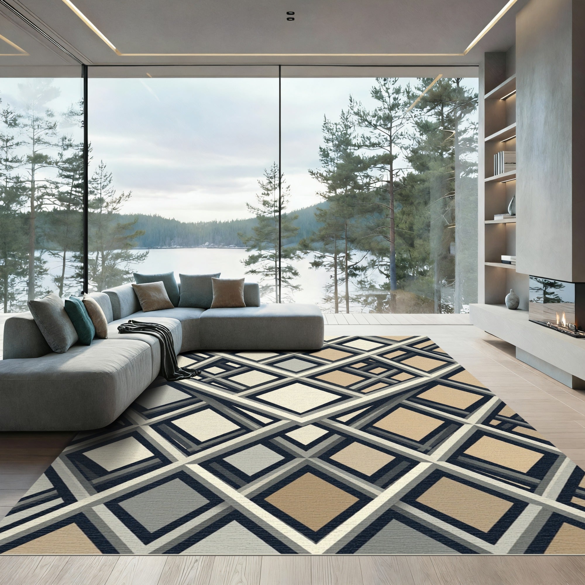 Modern Neutral Geometric Interlocking Grid Rug