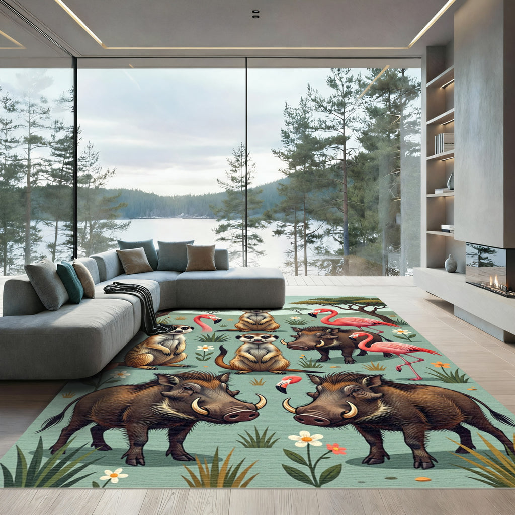 Whimsical Safari Meerkat Flamingo Warthog Landscape Rug