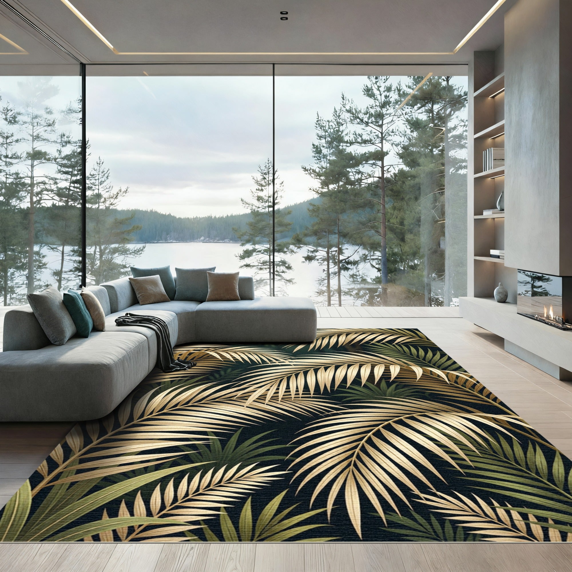 Gilded Palm Leaf Tropical Grove Rug