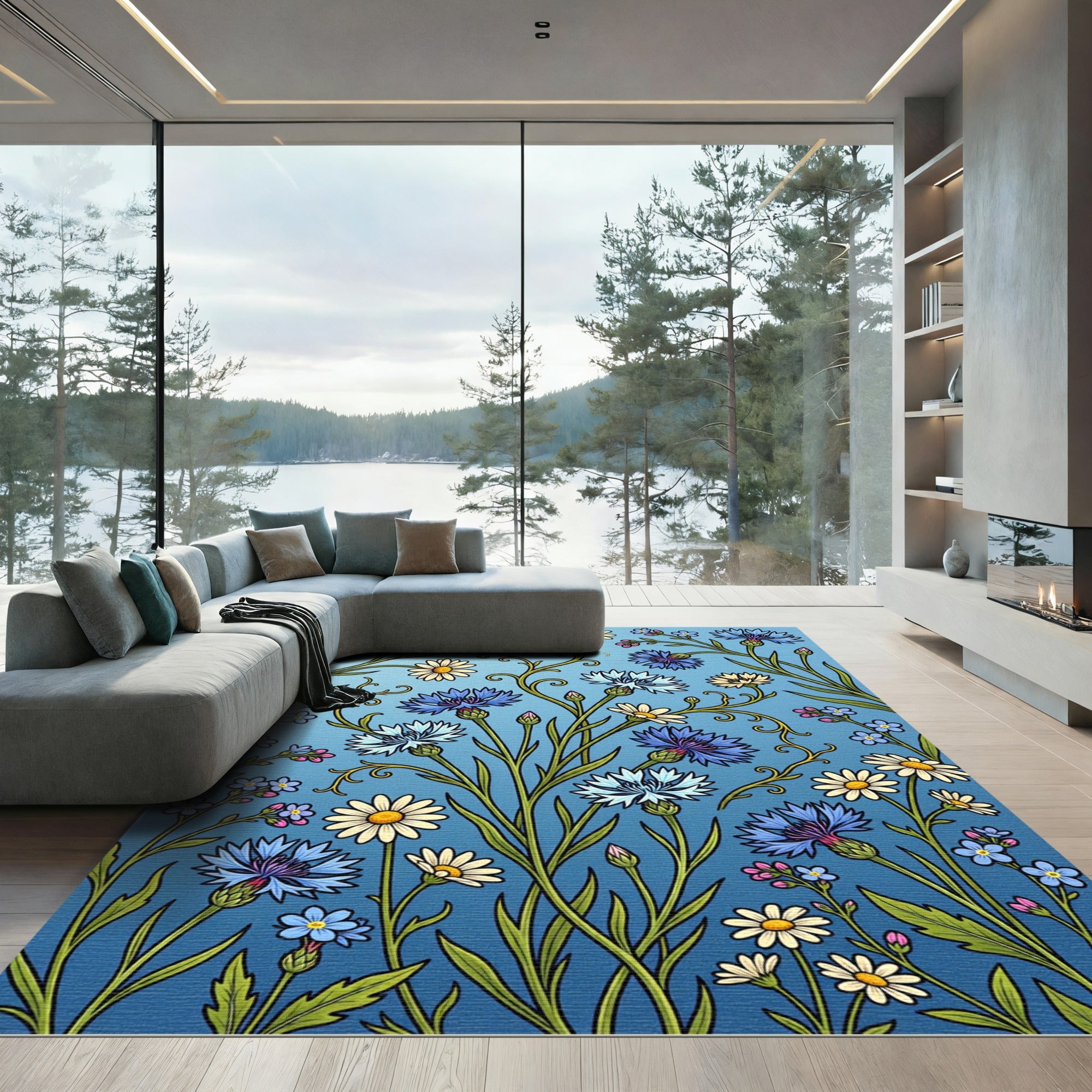 Blue Meadow Cornflower and Daisy Illustration Rug