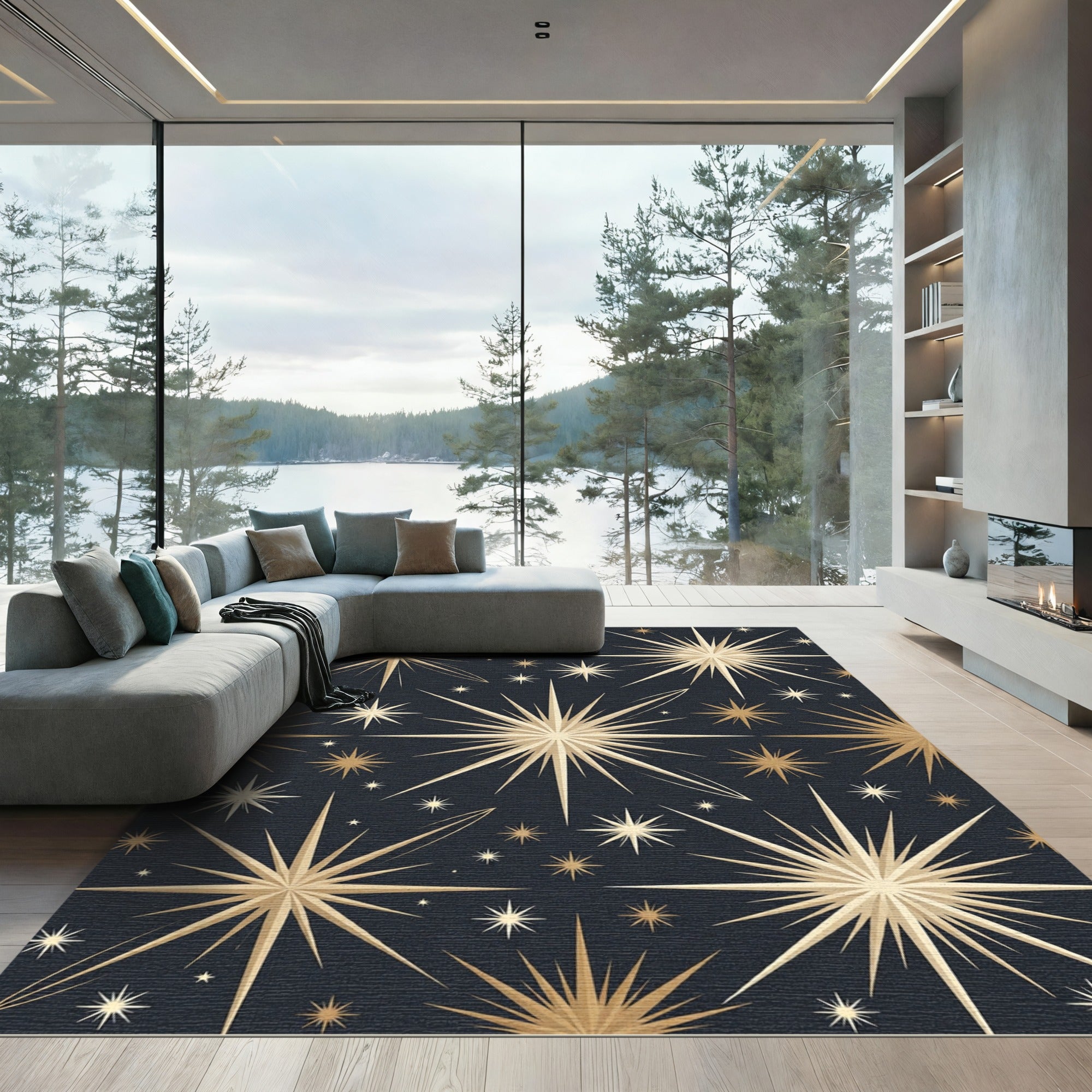 Gleaming Gold Starburst Night Sky Rug