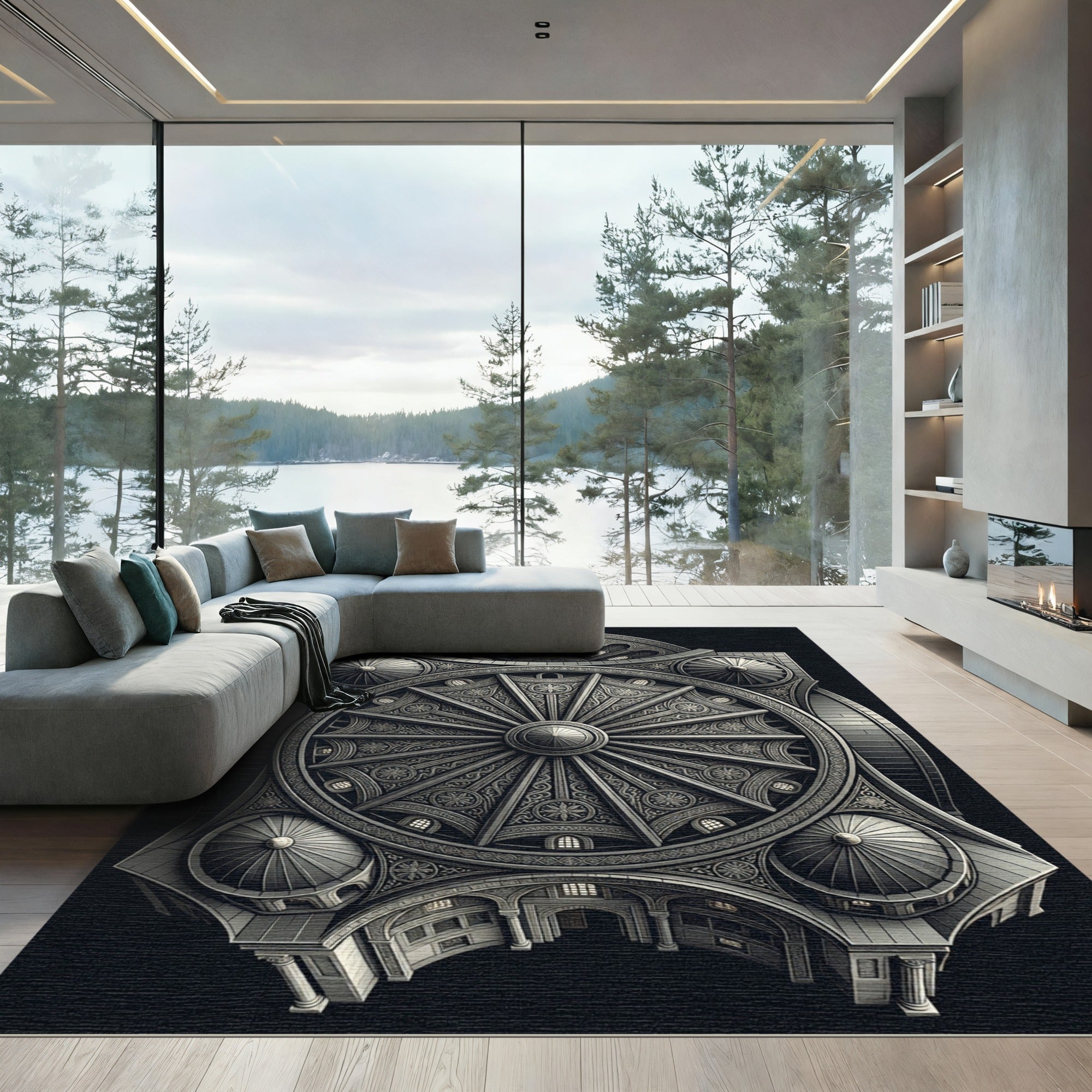 Ornate Monochrome Architectural Wheel Rug
