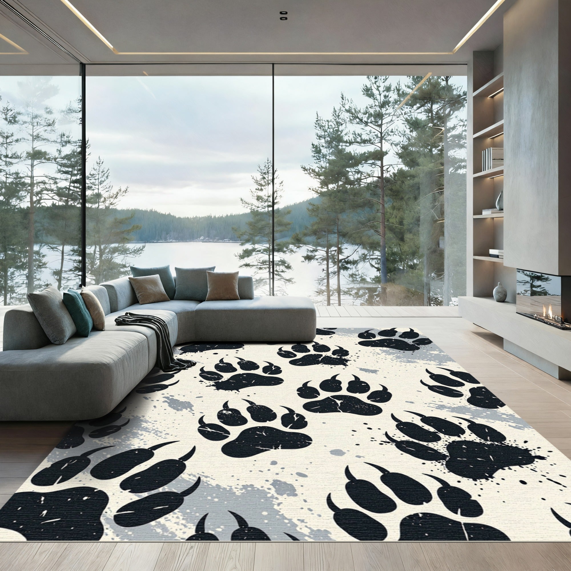 Distressed Charcoal Bear Paw Print Art Rug