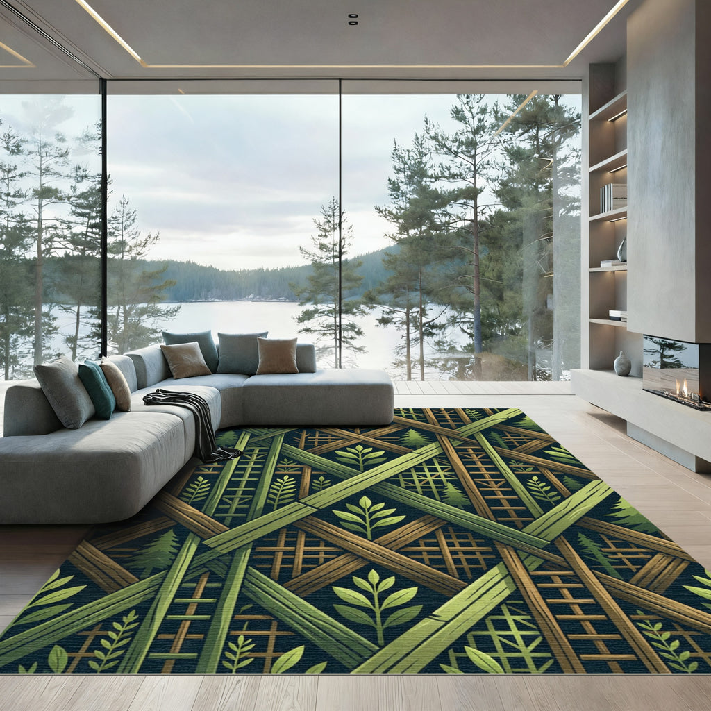 Green Geometric Forest Lattice Weave Rug