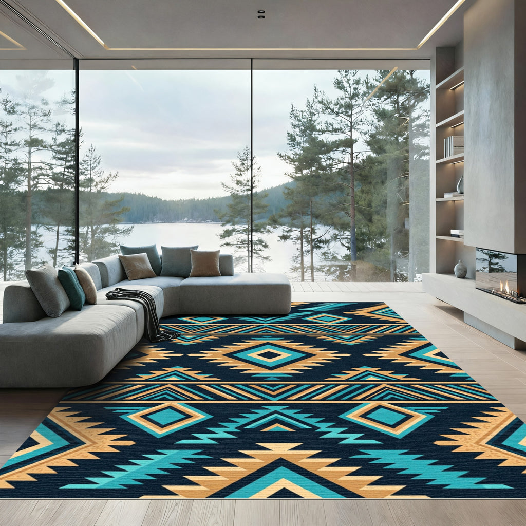 Southwestern Teal and Tan Geometric Diamond Rug
