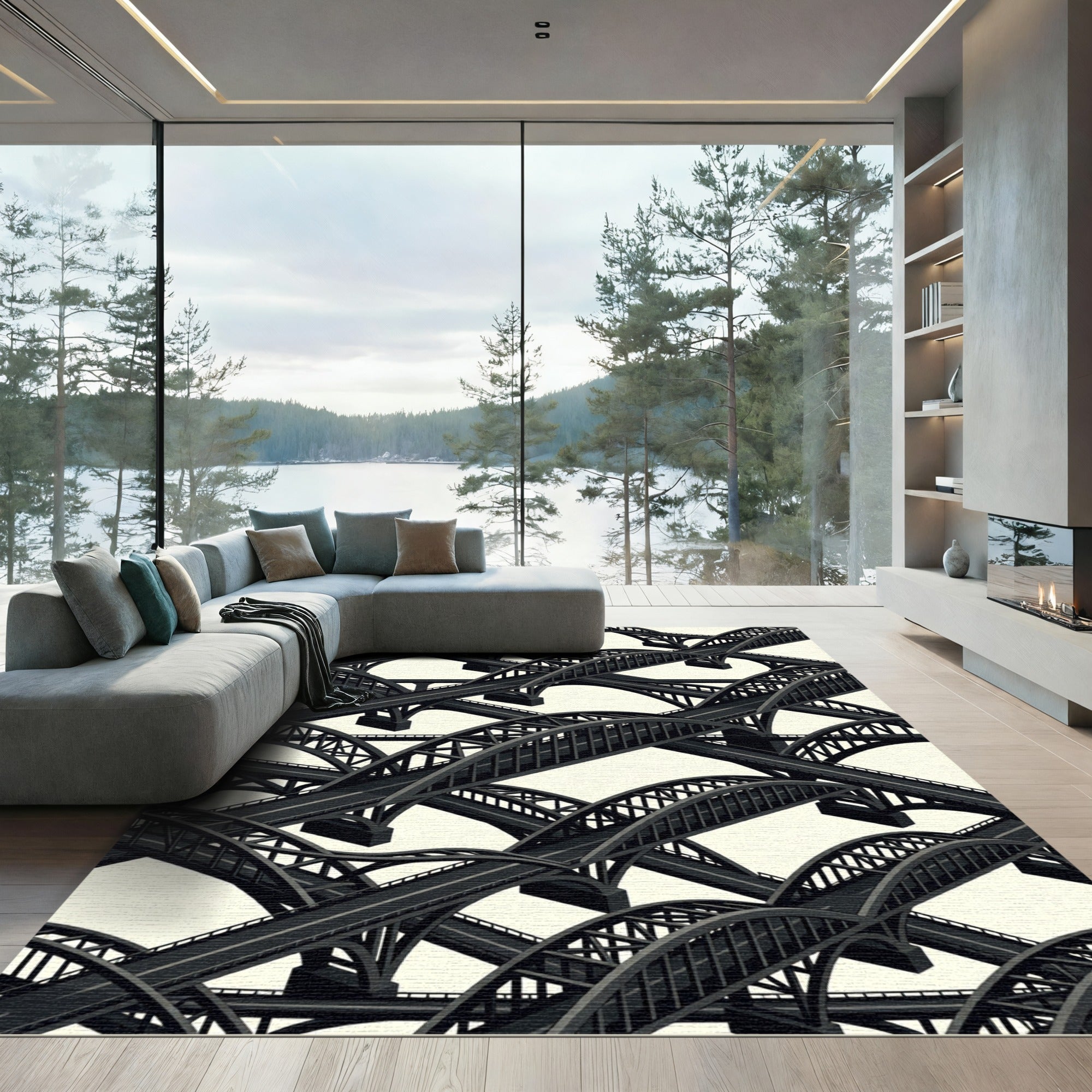 Monochromatic Arched Bridge Intersecting Composition Rug