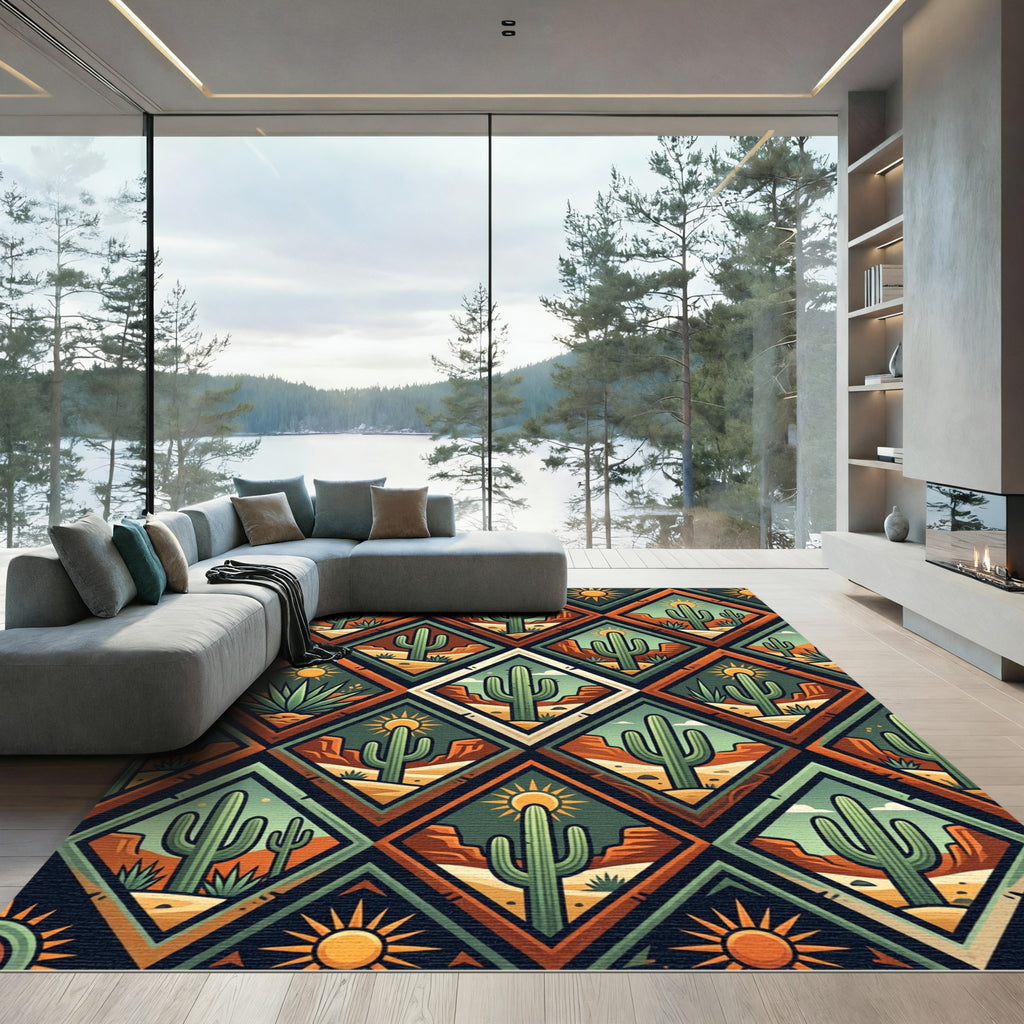 Earthy Southwest Cactus Geometric Diamond Decor Rug