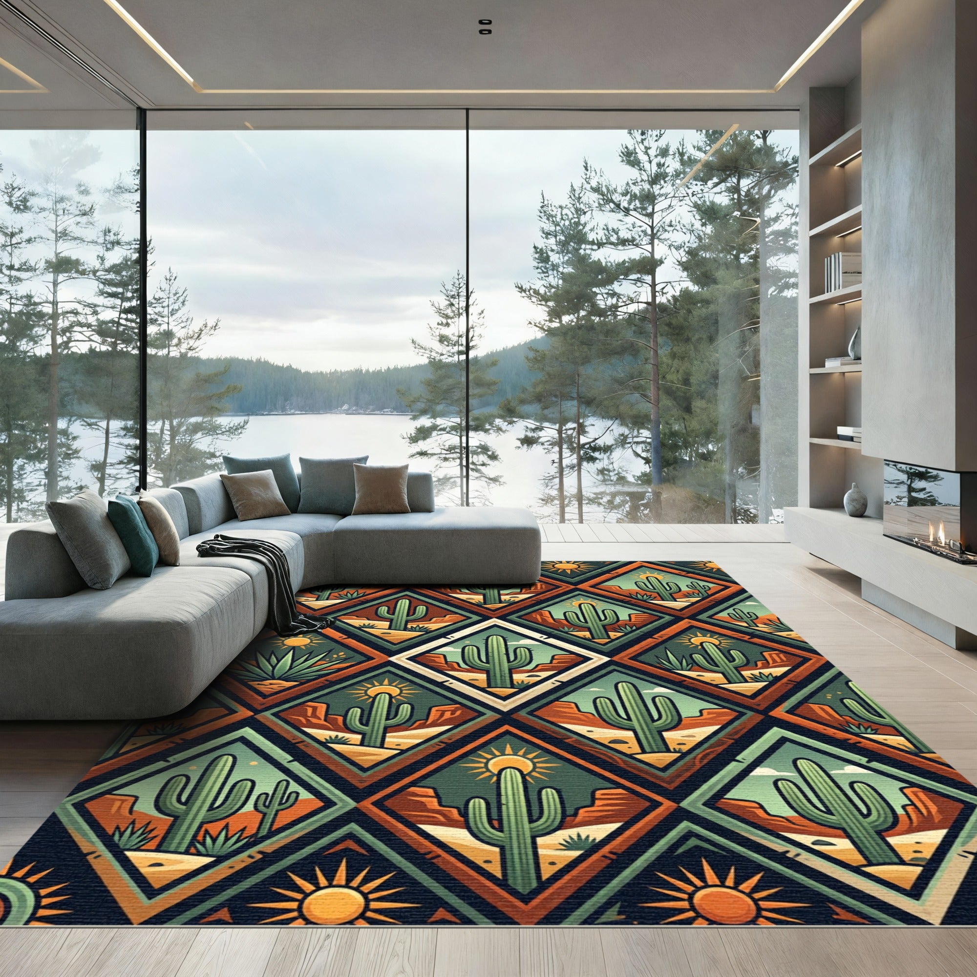 Earthy Southwest Cactus Geometric Diamond Decor Rug