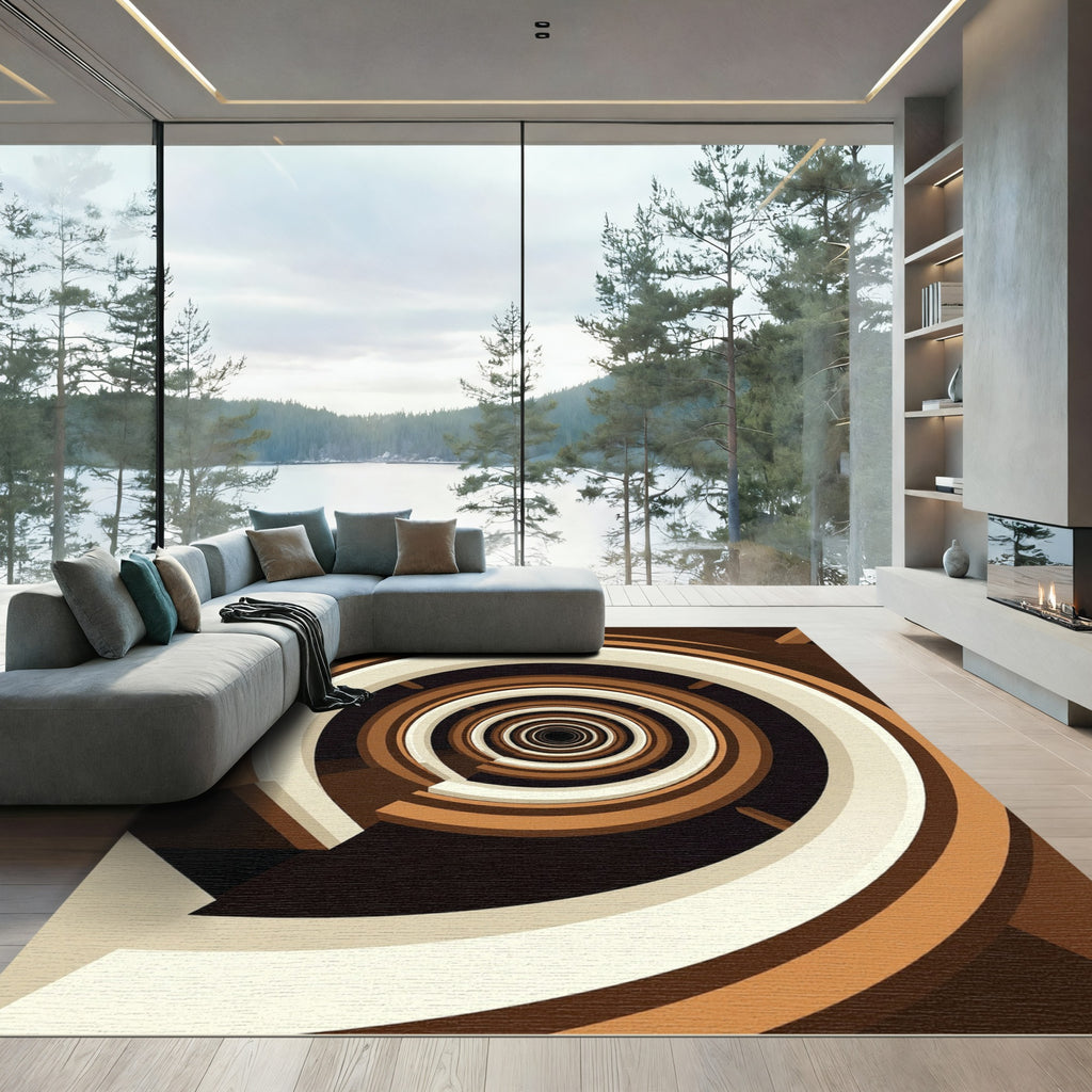 Modern Mid-Century Caramel Swirl Circular Art Rug