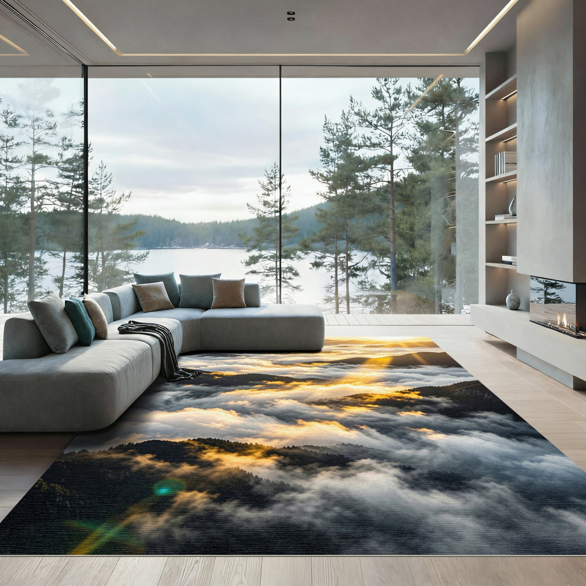 Golden Sunrise Mountain Mist Landscape Rug