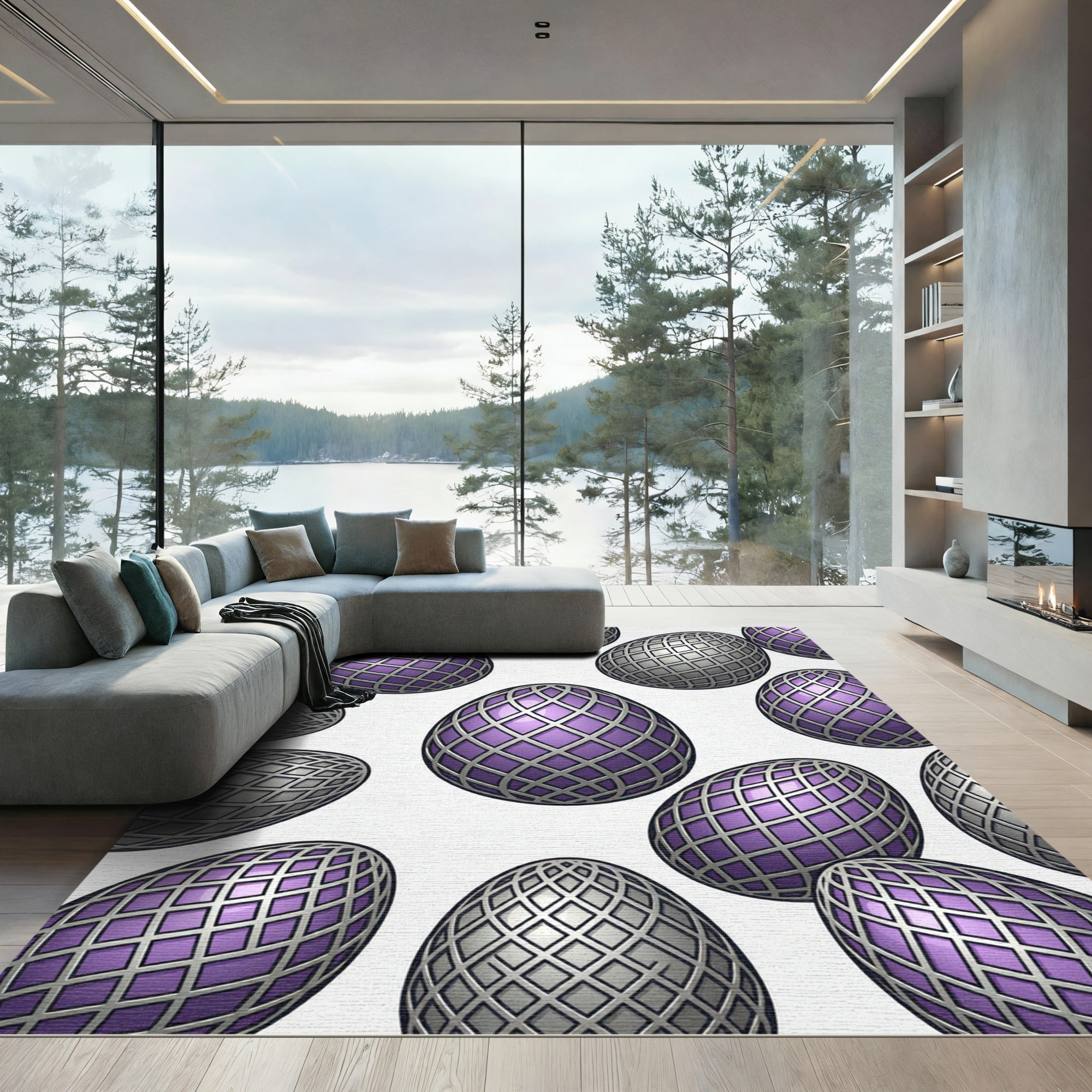 Purple Intersecting Metallic Grid Ornament Rug