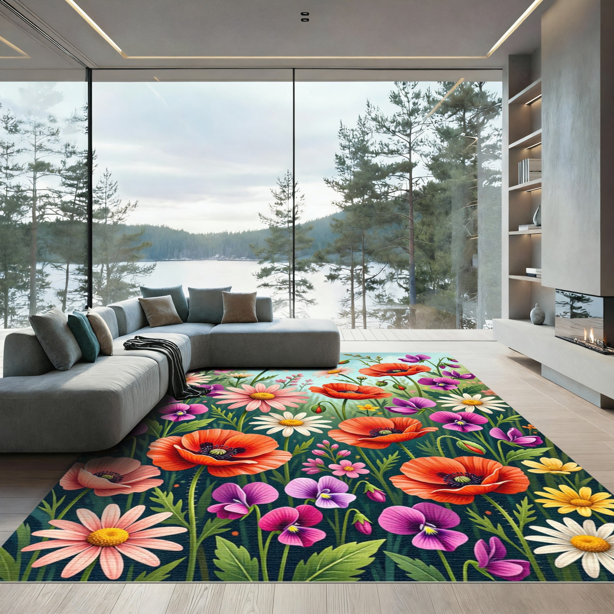 Vibrant Wildflower Meadow Poppy Field Rug