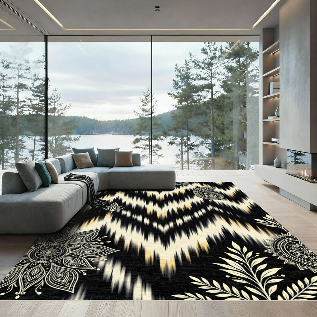 Cream Black Chevron Paisley Mandala Rug