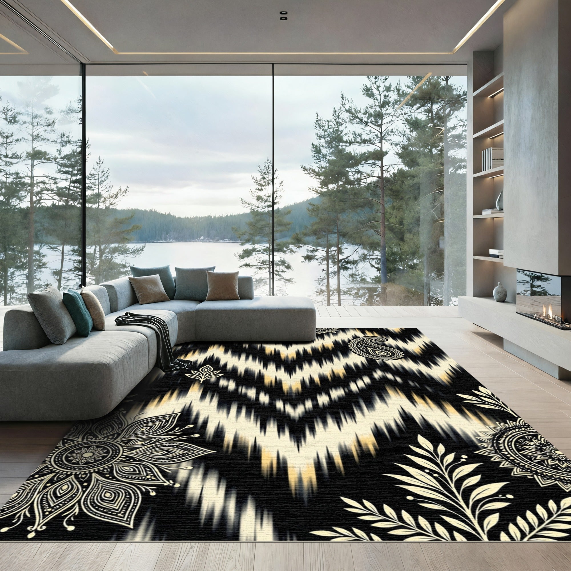 Cream Black Chevron Paisley Mandala Rug