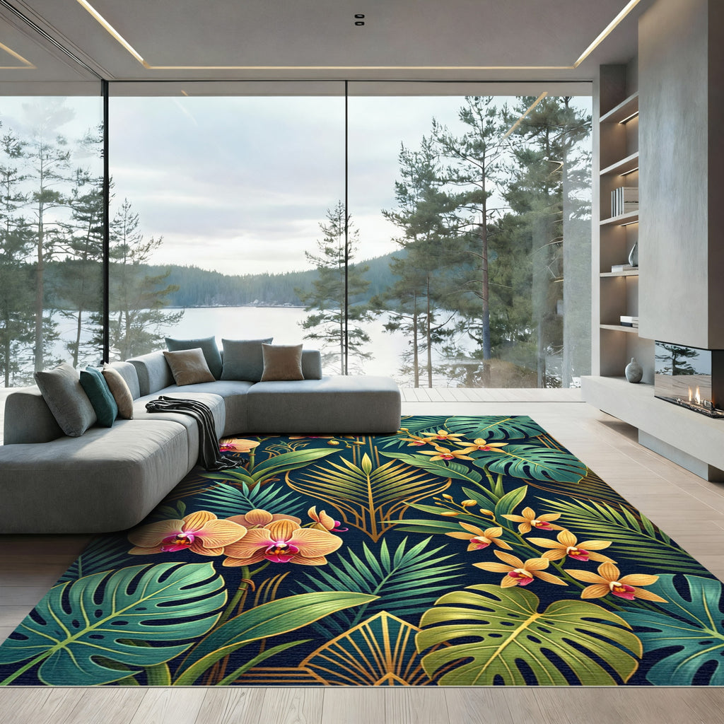 Art Deco Tropical Orchid Gold Foil Rug