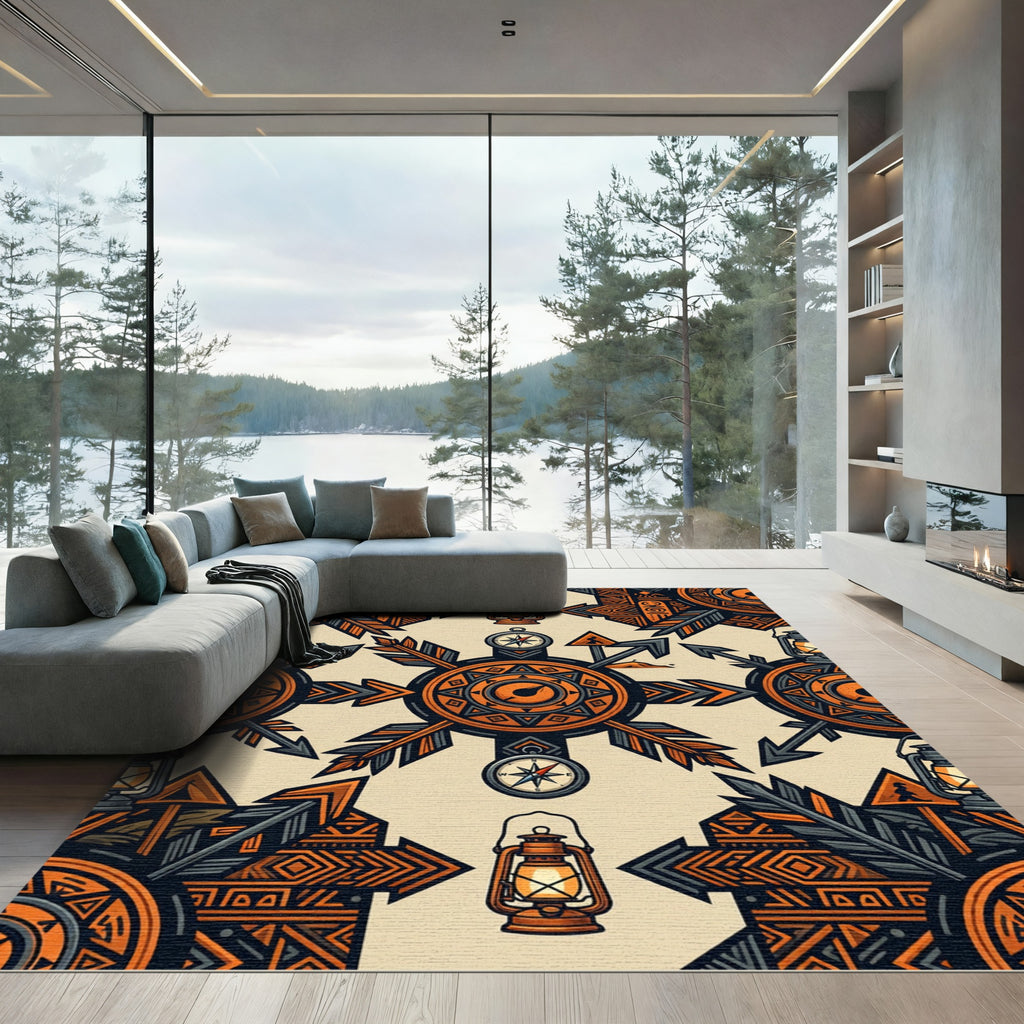 Earthy Orange Lantern Compass Adventure Compass Rug